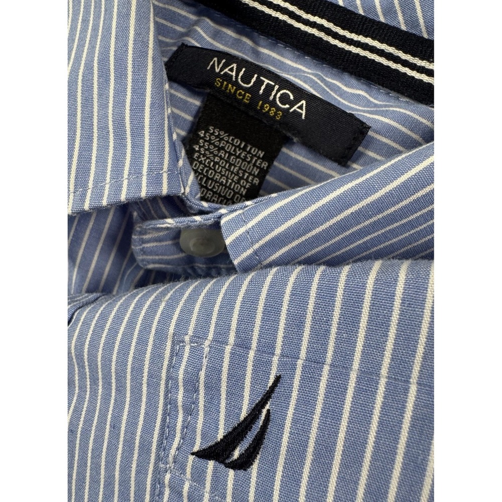 Nautica Boys Button Up Dress Shirt Blue White Stripe 16